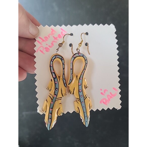 Painted Wooden Dangling Salamander Earrings Vintage Costume Jewelry NOS - Picture 1 of 10
